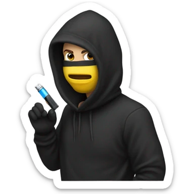 a guy in a black hoodie wearing a balacalava and hitting a vape sticker