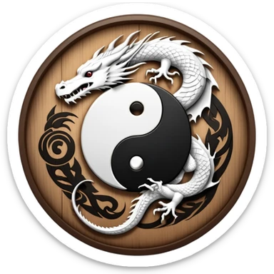 An icon symbolizing Eastern martial arts in the style of an emblem, featuring a black-and-white Yin-Yang symbol and a dragon at the center, surrounded by elements like a dojo. Transparent background highlights balance and power. sticker