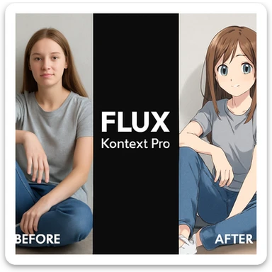 create before after image of a girl before is realsitic photo, after is anime version of her in same pose and clothes, add logo with text of a "FLUX Kontext Pro" in middle in big, black background sticker