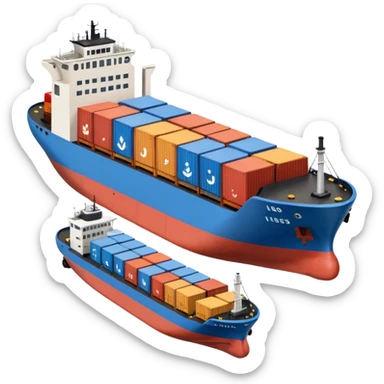 top view of a cargo ship, a truck, and an industrial company side by side, clear symbols, friendly colors sticker