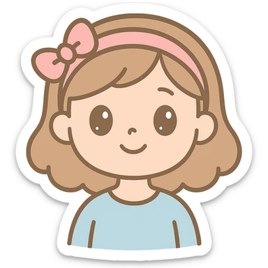 cute girl with pink headband, innocent features, happy facial expression, cute cartoon style sticker