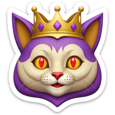 crazy colorful cute little cat jolly joker from poker, medieval, vintage, court jester, mac os icon, purple, gold and red color, half body. Squared shape as 3D mac os icon, symmetrical sticker