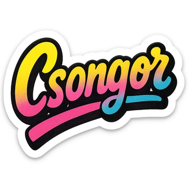 The name 'Csongor' in a modern, colorful gradient font with a dark outline, dynamic, slanted or partial underline, in the style of reference patterns. sticker