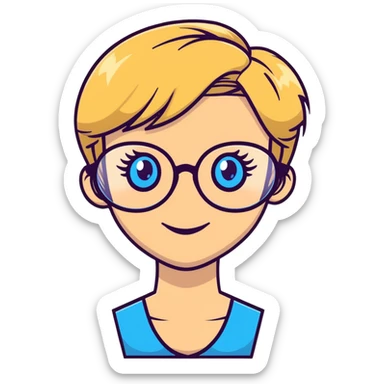 blonde teacher with pixie haircut, gold glasses, blue eyes, big eyelashes, nice smile sticker