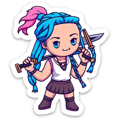 Jinx from League of Legends with long blue braids, pink eyes, and weapons sticker