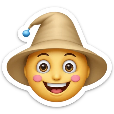 A crazy, laughing emoji with a funnel hat on its head. Exaggerated wide smile, big expressive eyes, playful and silly expression. Cartoon style, clean lines, bright colors, simple background, emoji-style illustration, high quality, centered composition sticker