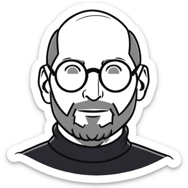 Steve Jobs with black turtleneck, round glasses, beard sticker