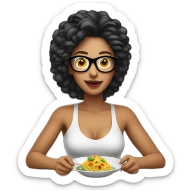 mujer gafas piel blanca pelo largo negro comiendo espagueti con camarones sticker