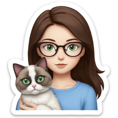 O data cu parul saten ,ochii griji-albastrii ,ochelari și codițe de pisica ..și langa o pisicuță alba pufoasa ,cu ochii verzi și o a doua pisica siameza pufoasa cu capul maro -negru și coada ,restul corpului un maro deschis spre alb  , ochii albaștrii sticker