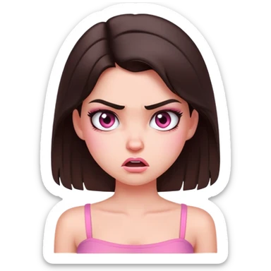 beautiful brunette girl soft makeup pink tube top cute angry face sticker