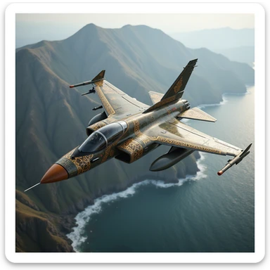 photorealistic military jet inspired by fusion of Viking, Ottoman, Old Norse designs, camo patterns and decorative elements from Turkish, Greek, Indian, European cultures, wood, iron, gold, titanium materials, flying over dramatic Scottish valley and sea, visible influences from all listed cultures sticker