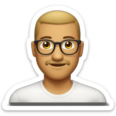 guy with olive skin, a buzzcut, big nose, round golden glasses, a bit of beard and a white shirt sticker