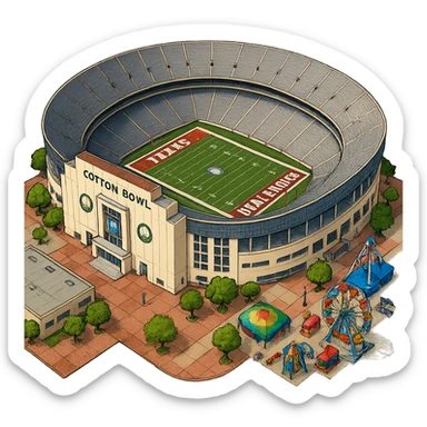 Изометричная, яркая, детализированная и фотореалистичная иллюстрация стадиона Cotton Bowl в стиле 3D-коллажей городов, насыщенные цвета, аккуратные и чёткие линии, мультяшно-реалистичная стилистика. Чёткие контуры, не размазанные линии, высокое качество, прозрачный фон, не обрезать края стадиона. sticker