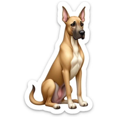 cinematic-[fawn great dane]-realistic-full-body-sitting-emoji,-tail-resting-loosely-beside-its-paws,-head-tilted-dramatically, ears down-sleek-[fawn]-fur,-simplified-yet-realistic-focused-features,-highly-detailed,-glowing-with-an-almost-sarcastic-glow sticker