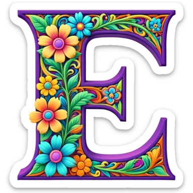 3D, gothic style psychedelic colored Letter “F” with hippie style flower border sticker