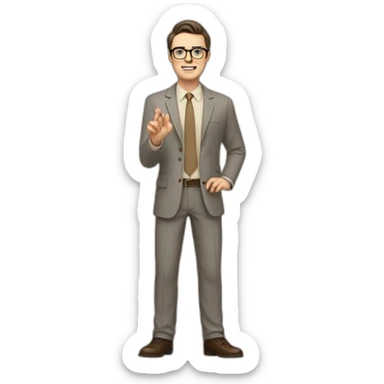 Full height Actively gesturing with hands Pale skinned fit man with dark brown hair in gray jacket, beige office shirt, brown tie, brown pants and vintage glasses. sticker