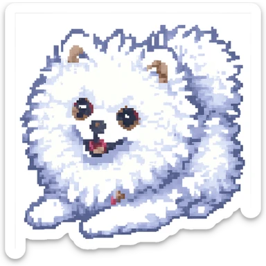Make the white Pomeranian much fluffier and cuter in pixel art style, with no background. Preserve the pixel art aesthetic and enhance fluffiness and cuteness. sticker