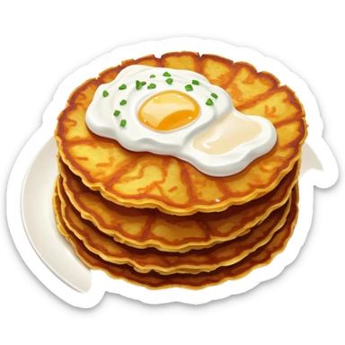 Cinematic Realistic Placki Ziemniaczane Dish Emoji, depicted as crispy potato pancakes served with sour cream rendered with vivid textures and warm, appetizing lighting. sticker
