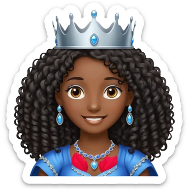 Por favor hazme el emoji de la princesa pero morena con el pelo negro y rizado y largo, los ojos marrones y la corona plateada con jollas azules sticker