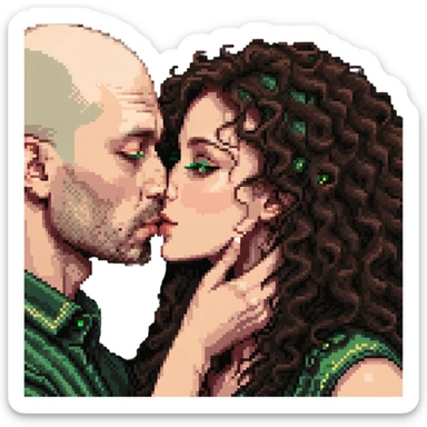 caucasian bald man with green eyes and caucasian woman with long curly dark hair and brown eyes kissing sticker