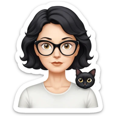 white woman about 50 years old with light warm skin, wavy black hair to the neck, neutral determined expression, large black shiny butterfly or cat-eye glasses, white casual t-shirt, calm and creative energy sticker