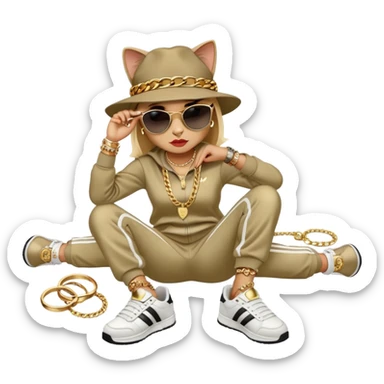female cat dressed like Run DMC in tracksuit, fedora, Adidas shoes, dark sunglasses, lots of gold chains, rings, bracelets, earrings, lying on the ground after falling sticker