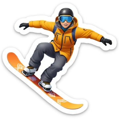 An icon showing a snowboarder performing an exciting jump on a snow-covered slope. The background features towering mountains, snow-covered trees, and a bright, clear sky. Transparent background highlights the speed, agility, and thrill of snowboarding. sticker
