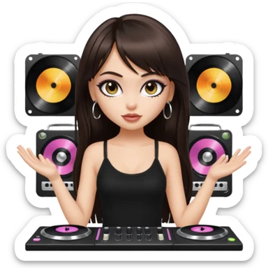 generate a pretty bratz girl in black cami top, dark brown straight long hair with bangs, eyeliner on, djing, fair sticker