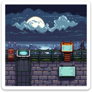 Pixel art rooftop at night, helipad, fence, distant city lights, glowing billboard, cloudy sky, 9:16 vertical scene, side view, retro 2D fighting game background
 sticker