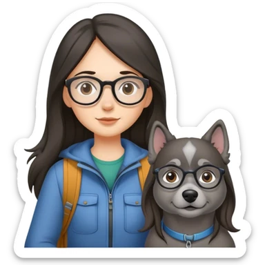 Girl with glasses and long dark hair hiking with grey dog sticker
