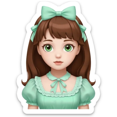 sweet lolita with brown hair, amber eyes, white skin, wearing a mint green dress sticker