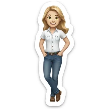 White girl with medium length light brown hair in denim jeans and white shirt smiles sticker