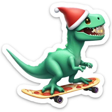 Dinossur riding a skateboard eating ice cream in one hand and pizza inbthe other with a Santa hat in the snow skating by a haunted house with bats flying around it sticker