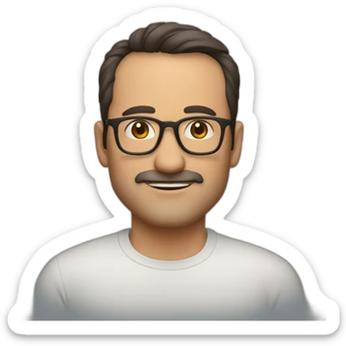 Handsome 50 year old man with dark brown hair and brown glasses. No facial hair. Wearing a shirt sticker