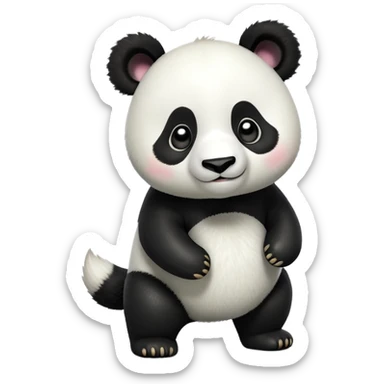 cinematic-[panda bear]-realistic-full-body-standing on all fours-emoji,-tail-tucked-close,-head-tilted-dramatically,-thick-[black and white]-fur,-simplified-yet-realistic-focused-features,-highly-detailed,-glowing-with-an-almost-sarcastic-glow sticker