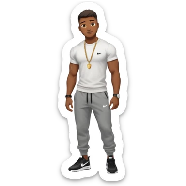 Handsome Black guy with brown skin tone, with muscular build, wearing black sweatpants, a white t-shirt, black Nike air max, a small chain, and a watch  sticker