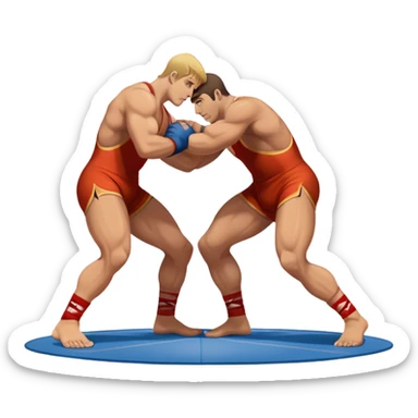 An icon showcasing two wrestlers engaged in a Greco-Roman wrestling match. The athletes are locked in a strong clinch, using their upper bodies to dominate. The background features a wrestling mat and traditional Greco-Roman elements. Transparent background. sticker
