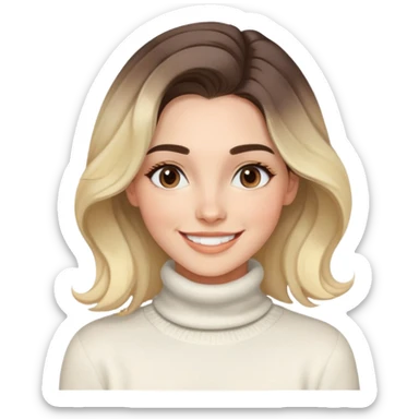 Mujer joven caucasian, cara alargada, cejas suaves, pelo marron oscuro ondulado con puntas rubias, raya al lado. Sonrisa amplia, expresión alegre. Turtle neck white sweater cozy with tea. Ombre hair.  sticker