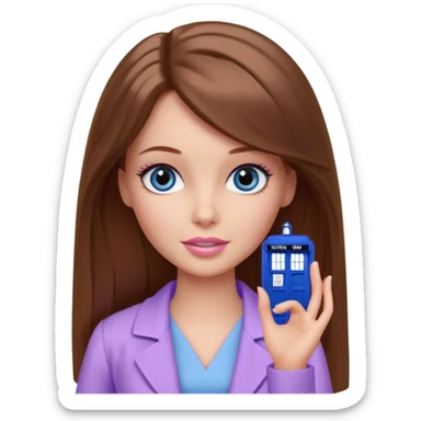 beautiful barbie girl with long brown hair, blue eyes and wearing light purple clothes watching doctor who sticker