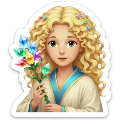 a being made of light pleidian nordic long faces and curly blond hair but beautiful features of light with a robe on made of light and who is lanky holding a bouquet of crystal flowers on rainbow fire sticker