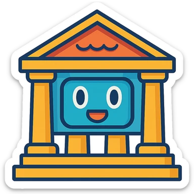 cartoon Greek temple with a friendly robot face sticker
