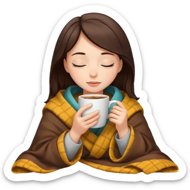 brunette girl inside a blanket sipping coffee, eyes closed sticker