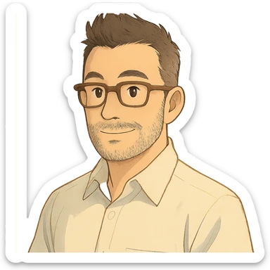 portrait of a businessman, white shirt, no tie, dark brown fauxhawk, subtle gray stubble, brown rectangular glasses, soft colors sticker