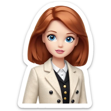 A Barbie girl with blue eyes, shoulder-length reddish-brown hair with makeup, wearing a white tweed jacket and a black skirt stands with cream sticker
