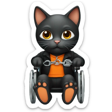 a kitty dressed in black and orange and in a wheelchair with handcuffs  sticker