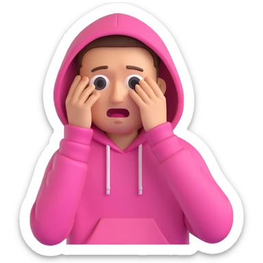 crying guy in a pink hoodie, 3D emoji style sticker