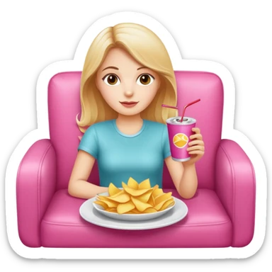 home white girl with plate of chips and soda drink, sitting at the pink sofa sticker