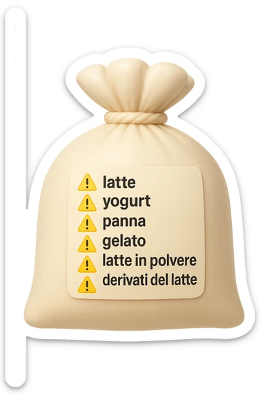 SU QUESTO STILE FAI UN EMOJI STILE IPHONE 3D DI UNa busta di mozzarelle con ETICHETTA CON GLI INGREDIENTI SCRITTI, "latte, yogurt, panna, gelato, latte in polvere, derivati del latte." accanto ad ogni nome scritto mettici un segnale di allarme, FALLO MOLTO REALISTICO IN 3D sticker