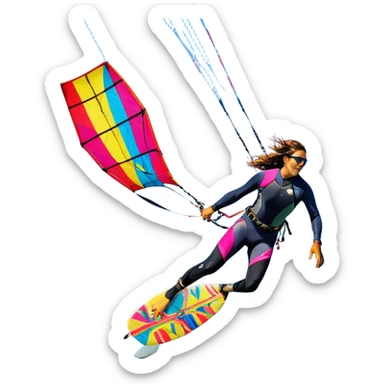 A vibrant kite soaring high in the sky, attached to a kiteboarder riding the waves below. The scene is filled with bright colors, capturing the energy of the sport. The background features the ocean, wind-blown waves, and a clear sky, showcasing the excitement and freedom of kiting. sticker