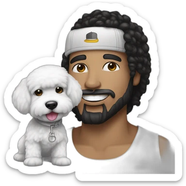 young-rapper-with hoop-white skin-black hair-beard-bichon dog-white-smile sticker